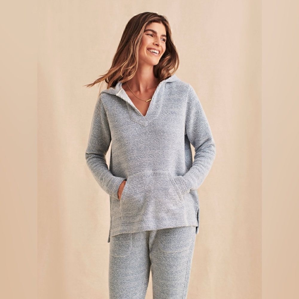 FAHERTY-Whitewater Baja Blue Hoodie V-Neck Pullover Oversized Beachy, Size Small